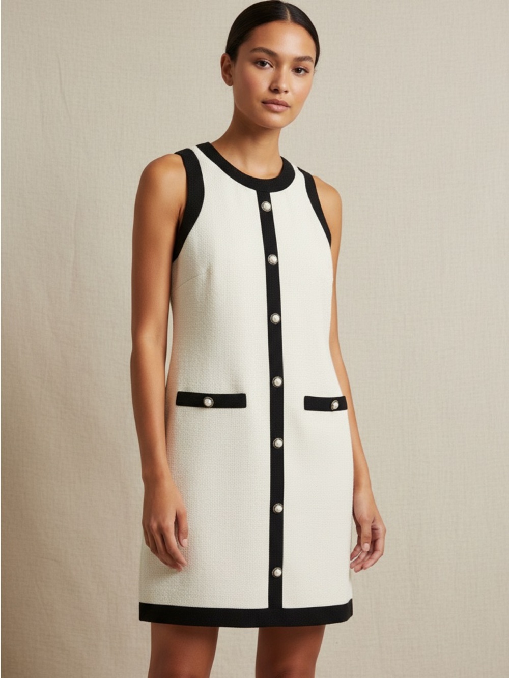 Petal & Pup Cream Shift Dress with Black Trim and Pearl Buttons - Picture 4 of 4